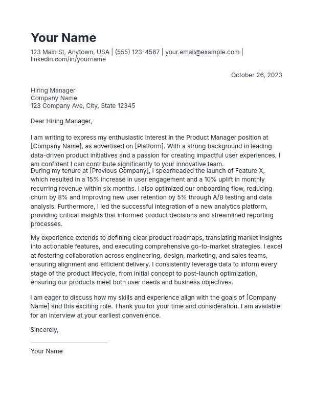 Product Manager Cover Letter: Data-Driven Launch